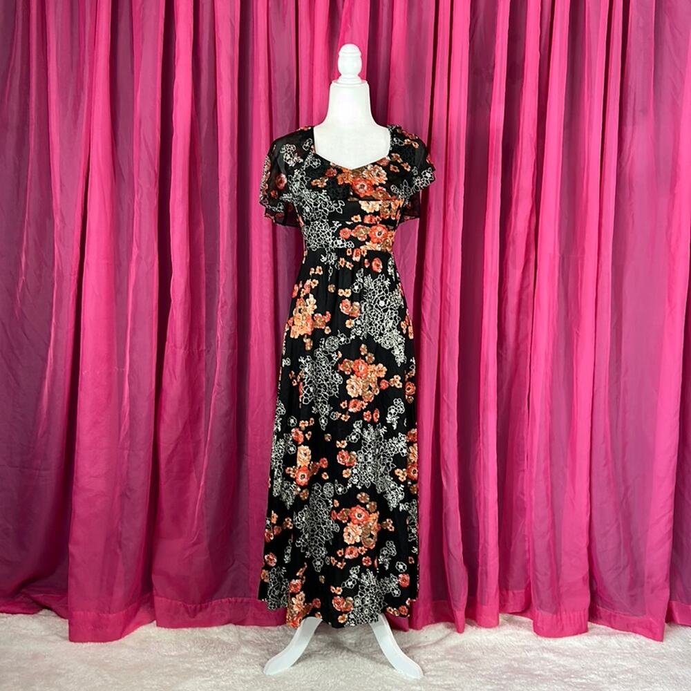 Vintage 70s Unbranded flutter collar black orange floral print maxi dress, small